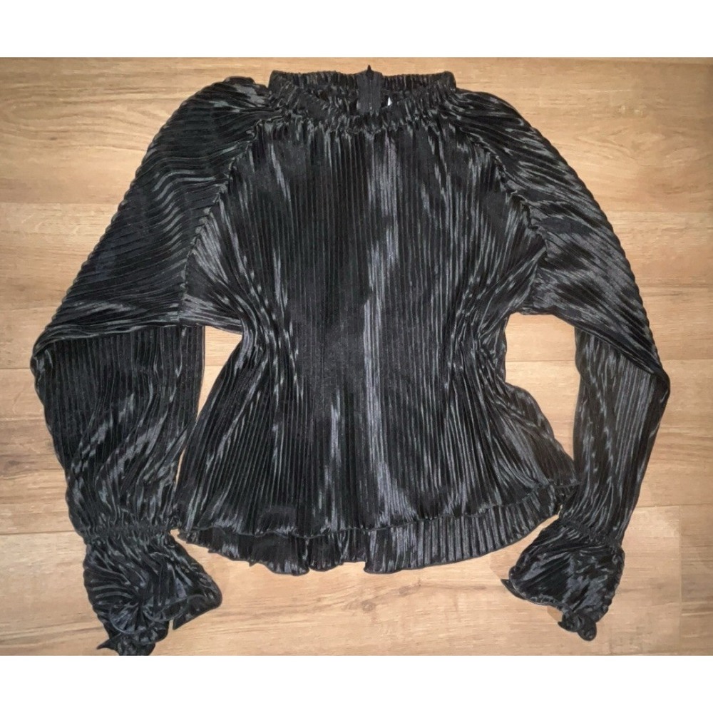 Glam Black Pleated Dress Blouse With Zippered Back Long Sleeve ‎ Size M